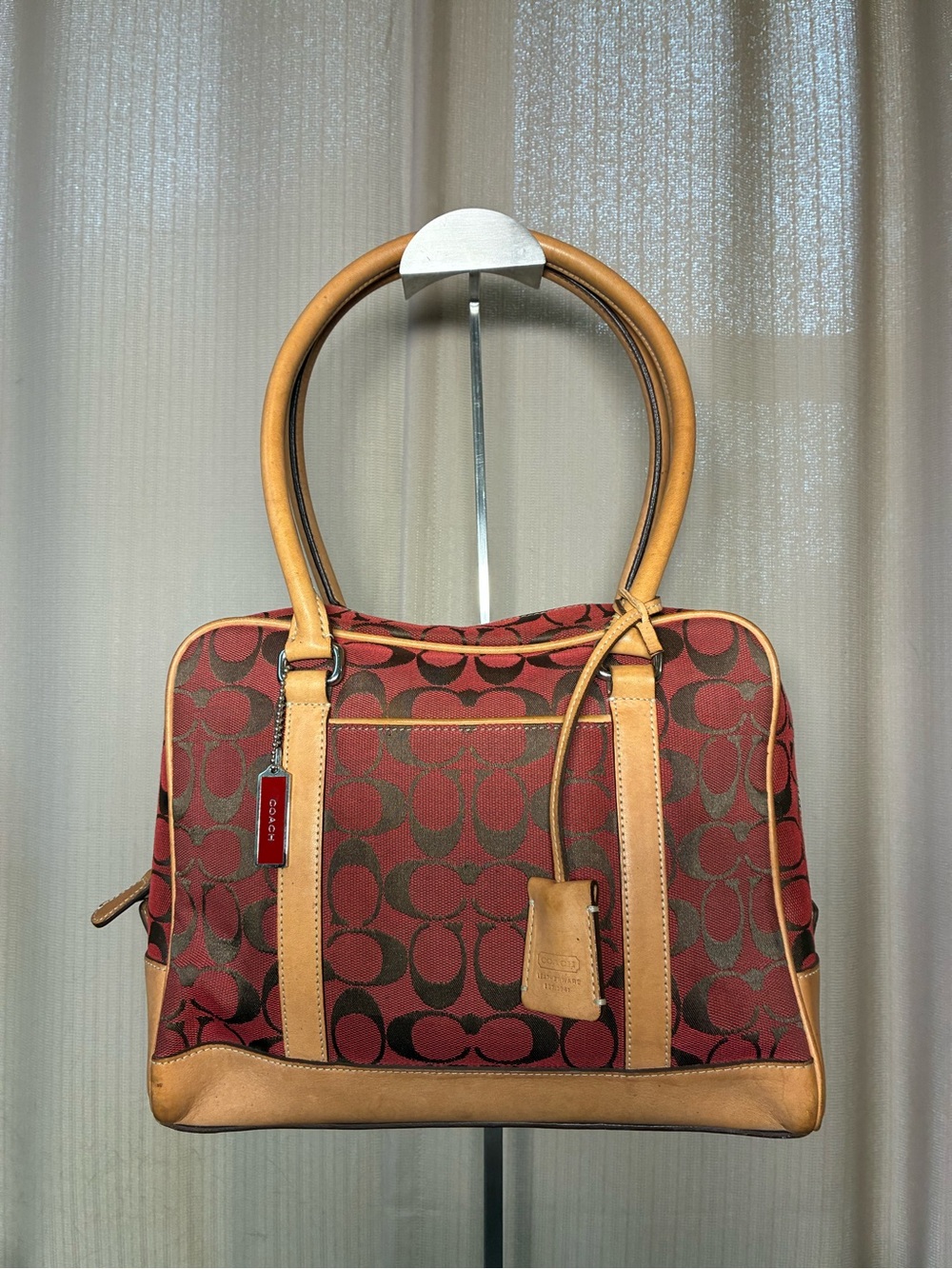 Coach Red Signature Canvas Satchel with Tan Leather Trims